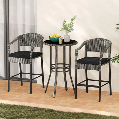 3-Piece Outdoor Bar Set - Patio Wicker Rattan Bar Height Barstools w/Cushions, Round Glass Top Table.
