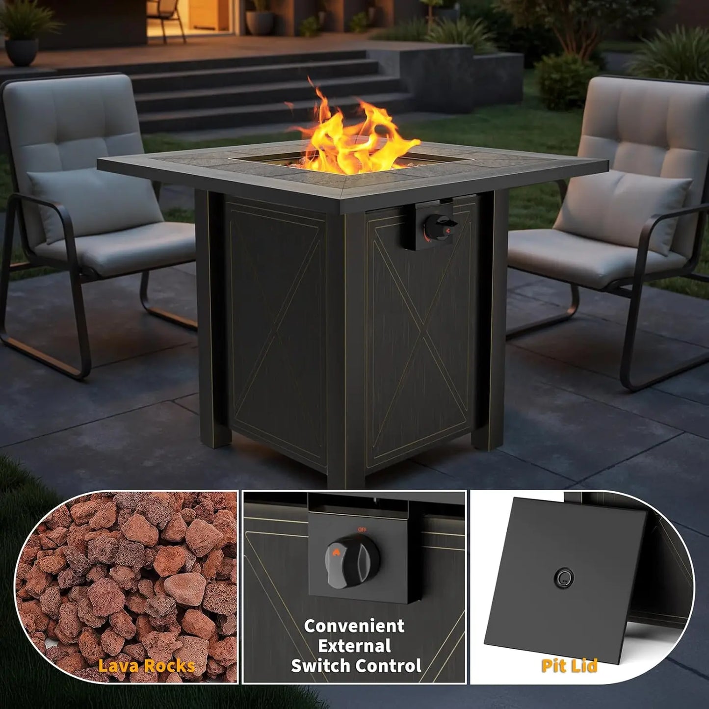 30" Propane Fire Pit with Premium Ceramic Tabletop, Gas Firepit Table - Includes Lid.