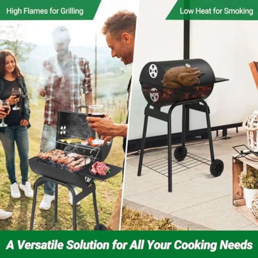 Barrel Charcoal Grill with Side Table, Wheels for Outdoor Cooking in Patio Backyard Durable Smoker Grill