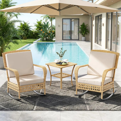 Outdoor Rocking Chair, 3 Pieces Wicker Rocking Bistro Set with Rattan Table.