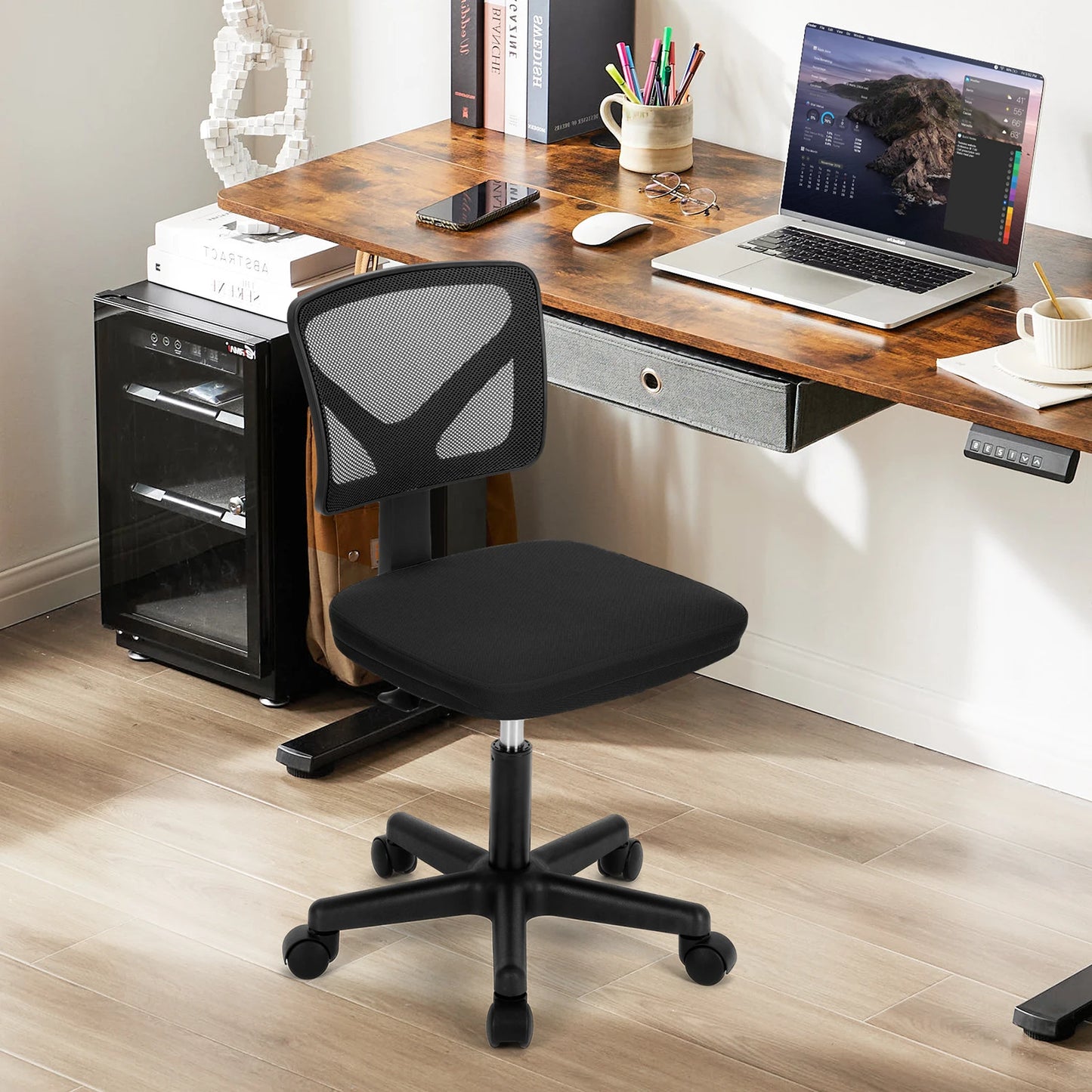 Mesh with Lumbar Support Armless Office Chair Low Back with Wheels Adjustable Height, Rolling Swivel Computer Chair