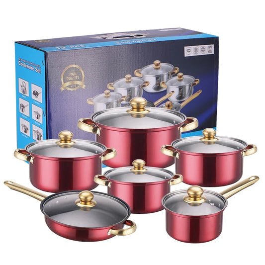 12Pcs/Set Stainless Steel Red Cookware Set Non-Stick Pans.