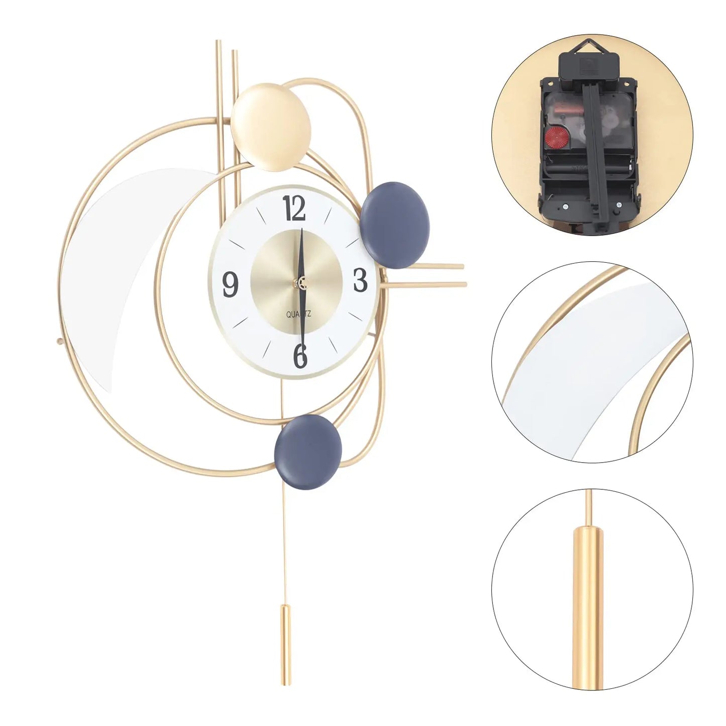 Large Modern Metal Wall Clocks Luxury Silent Hanging Clock with Swing Pendulum, Wall Art Decor.