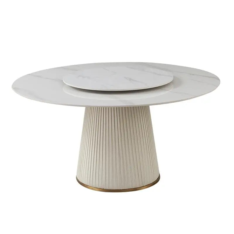 Modern Sintered Stone Dining Table Set with Round Turntable and 8 Chairs on Exquisite Pedestal