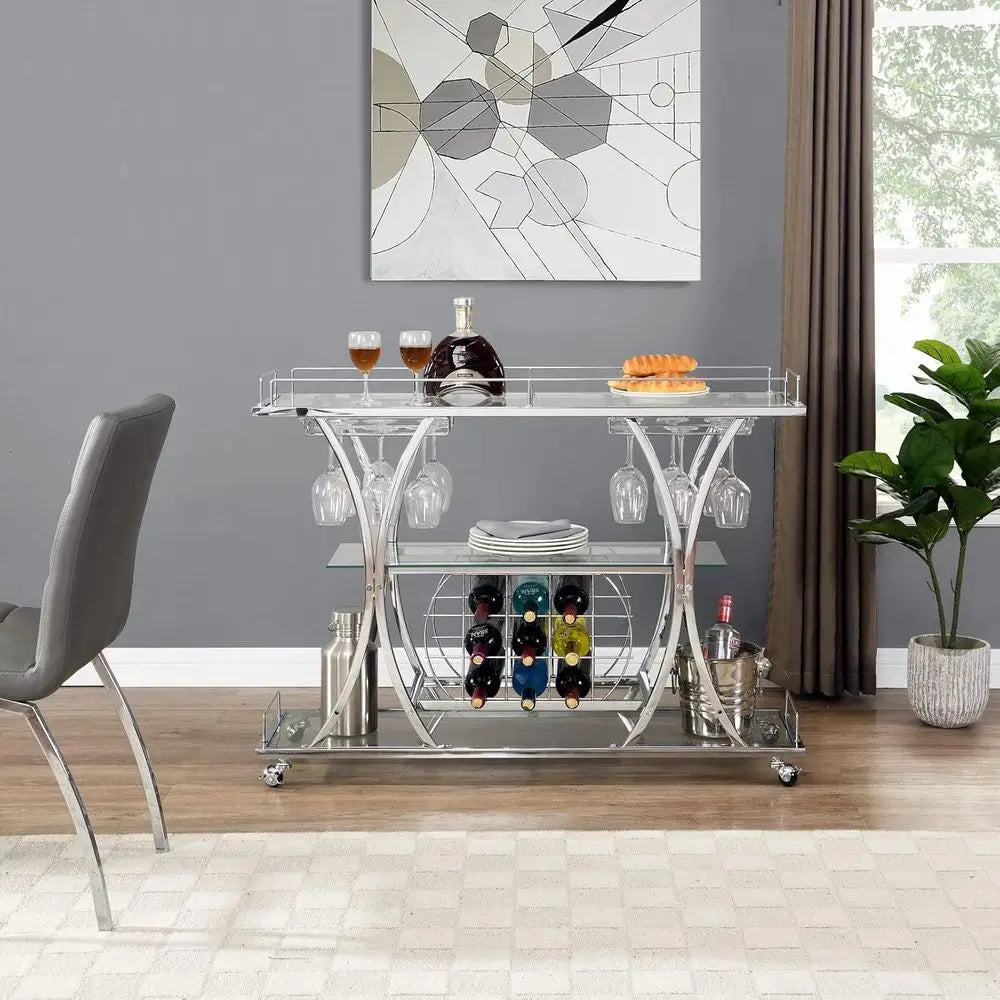 Silver Bar Cart with Glass Holders & Wine Rack, 3 Tier Serving Carts with Glass Shelves, Metal Rolling Bar.