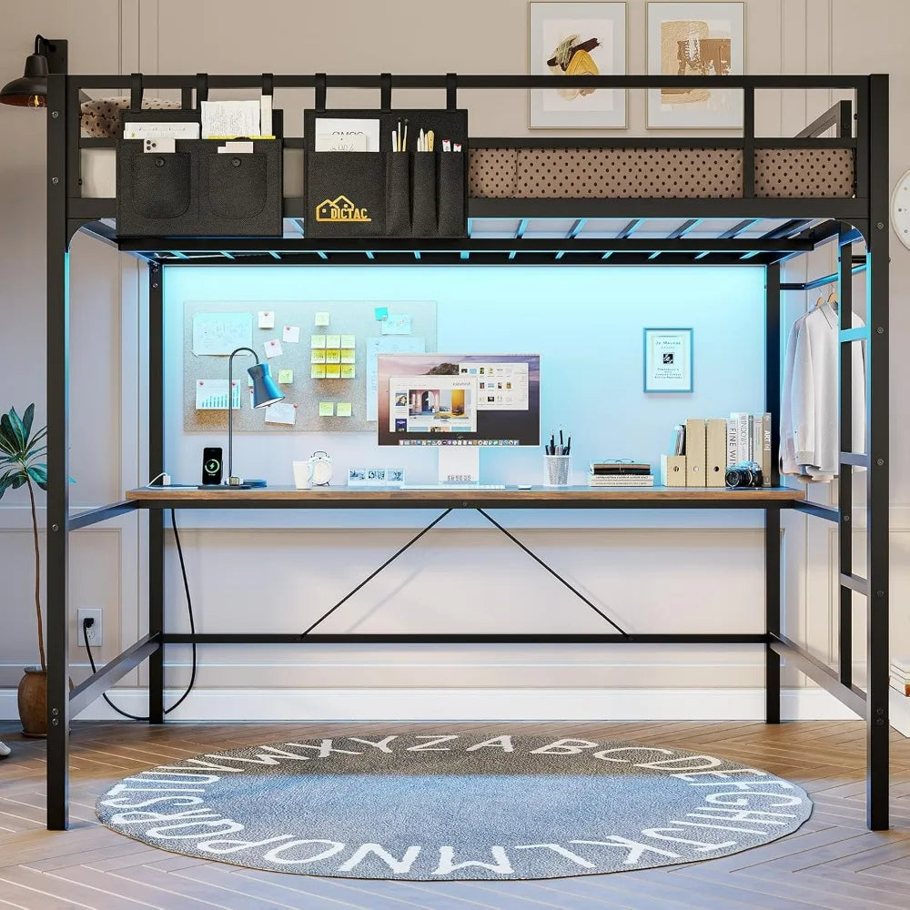 Full Metal Loft Bed with Desk, LED Lights, and Charging Station - Safe and Durable Full Size Bed Frame