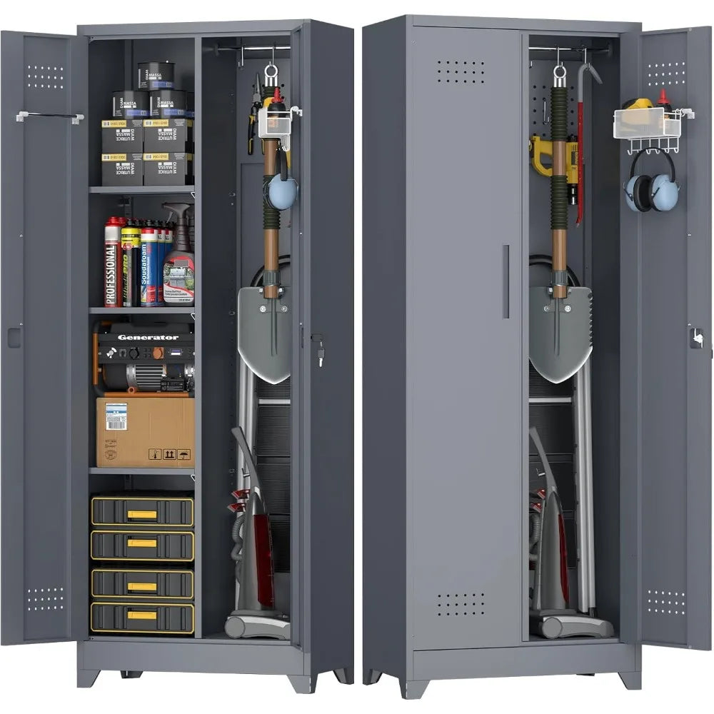 Steel Locking Cabinet with Hanging Rod, Storage with Doors and Hooks, Tall Broom Tool Cabinets