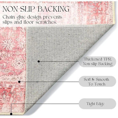 3x5 Feet Washable Bohemian Pink Area Rug for Girls' Bedroom, Cute Non-Slip Carpet.