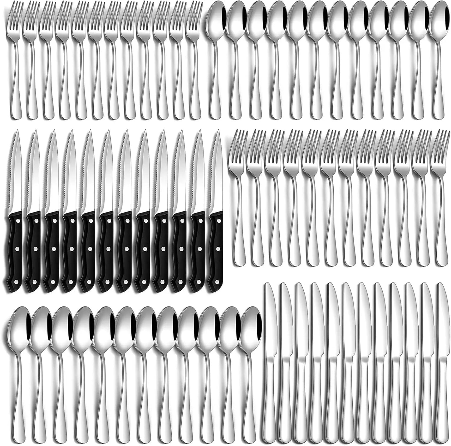 72 Pcs Stainless Steel Silverware Set for 12 with Steak Knives, Dishwasher Safe.