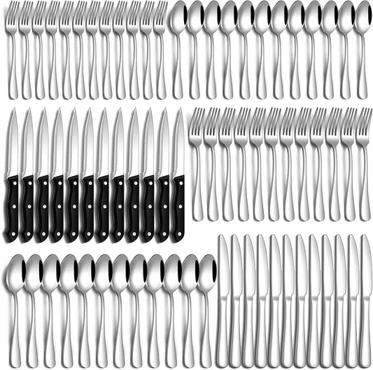 72 Pcs Stainless Steel Silverware Set for 12 with Steak Knives, Dishwasher Safe.