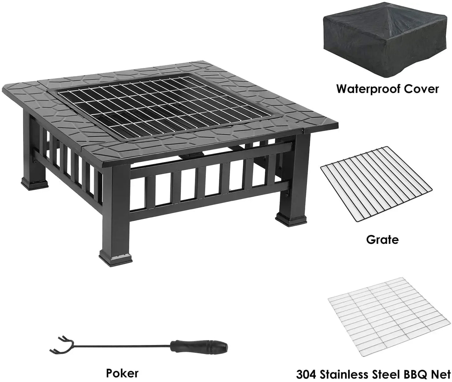 Fire Basket Garden Fireplace Including Grill, Waterproof Cover for Heating/Grilling Metal Brazier.
