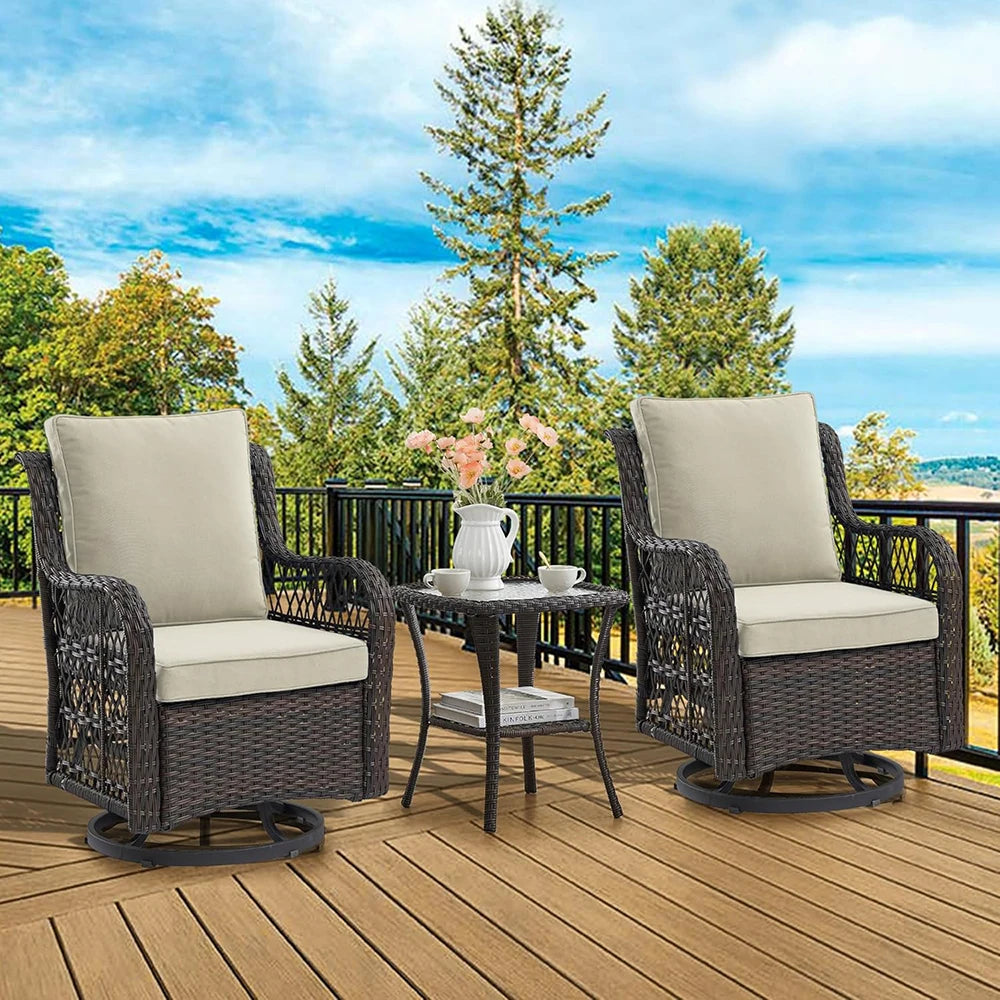 3-Piece Wicker Swivel Rocking Patio Set, 2 Chairs & Glass Table, Outdoor Furniture for Porch & Backyard.