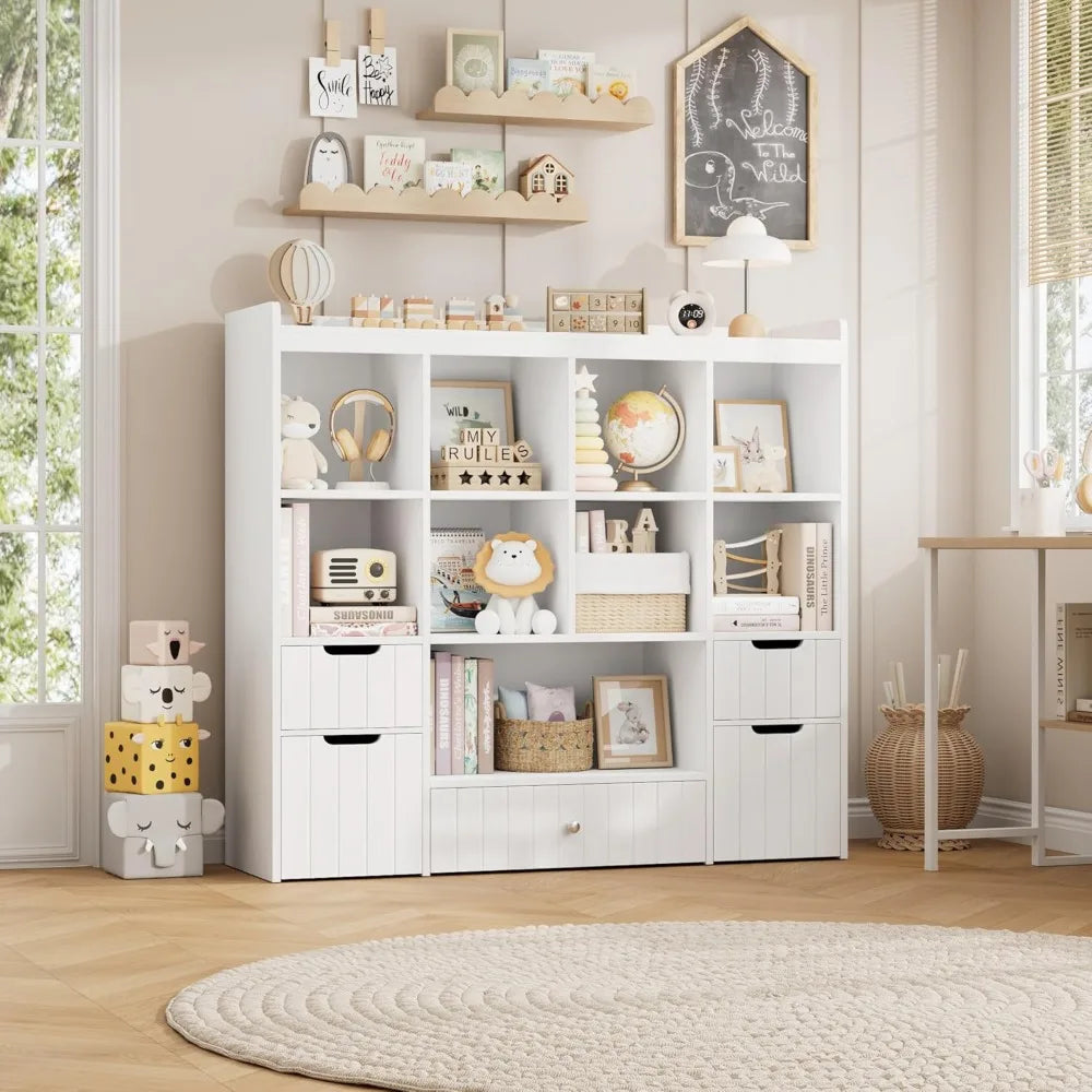 48"W Kids Toy Storage Organizer with Bins, Bookshelf & Drawers for Playroom - White