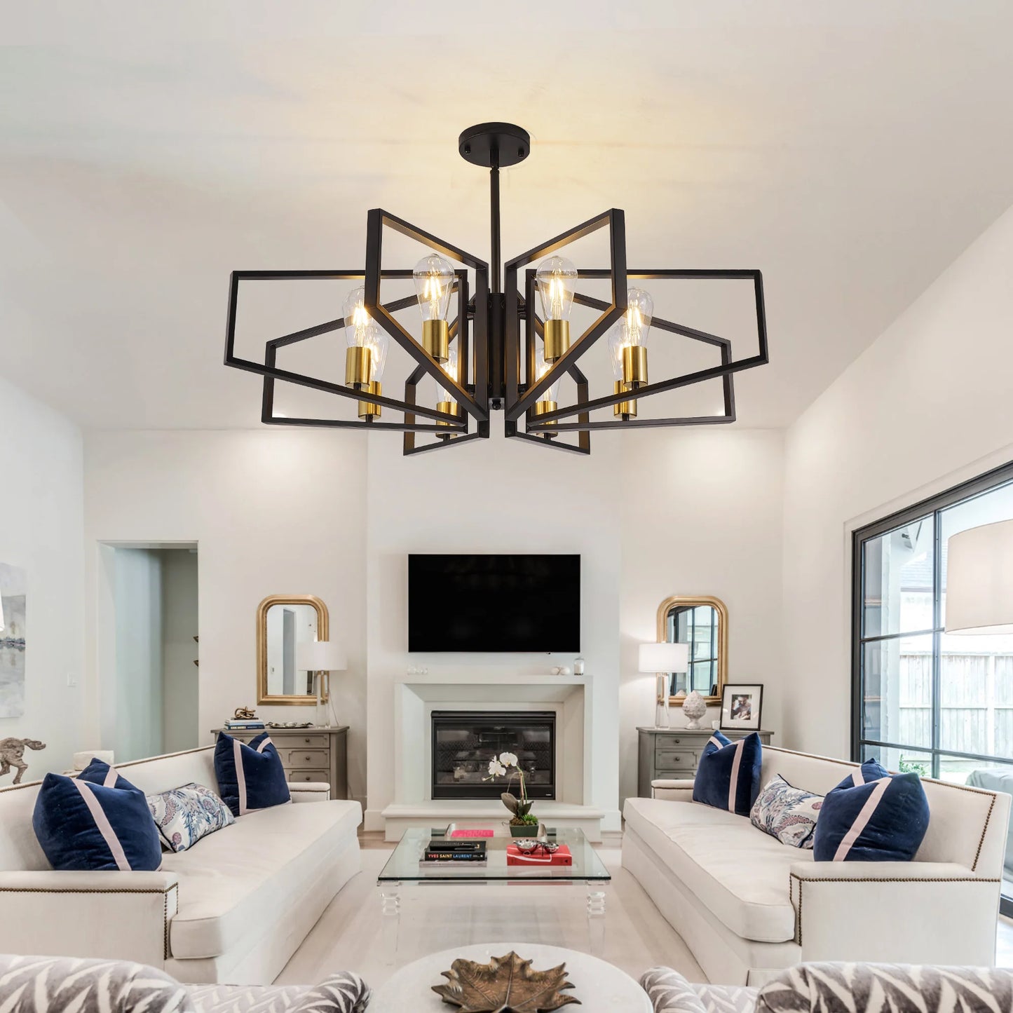 8-Light Geometric Chandelier Adjustable Height Metal Pendant Light with Black Frame & Golden Accents.