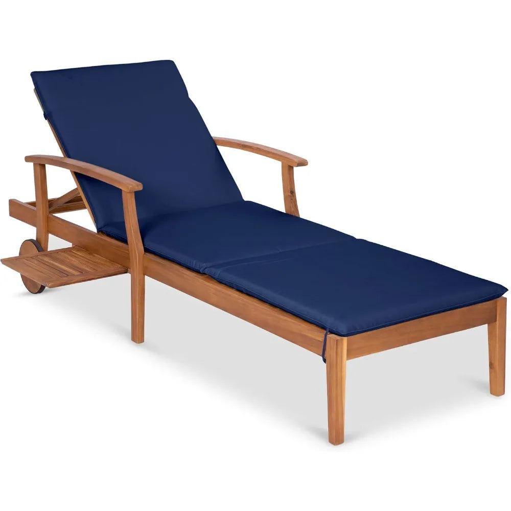 Acacia Wood Chaise Lounge Chair Recliner, Outdoor Furniture for Patio, Poolside w/Slide-Out Side Table.