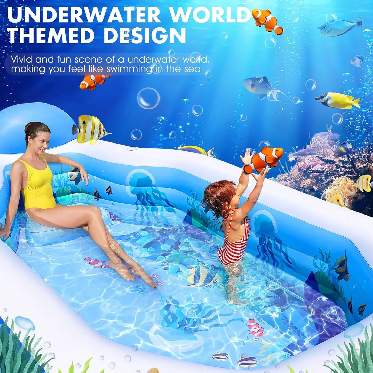 Inflatable Pool with Canopy, Large Swimming Pool for Kids, Adult, Blow Up Pools with Seats, Backrest.