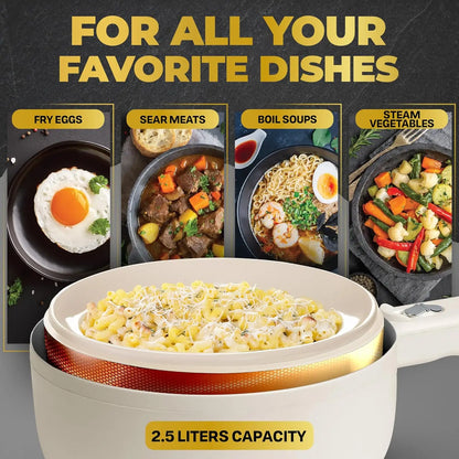 2.5L Electric Hot Pot with Lid & Steamer, Ceramic Cooker- Adjustable Temp 2025 Model