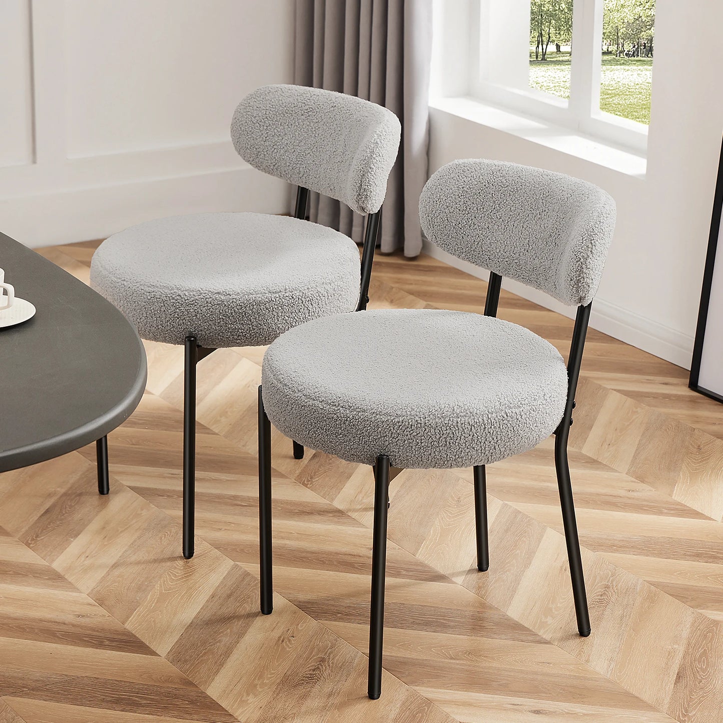 Ergonomic Round Dining Chairs Set of 2 Plush Fabric Kitchen Chairs with Curved Backrest Metal Legs.