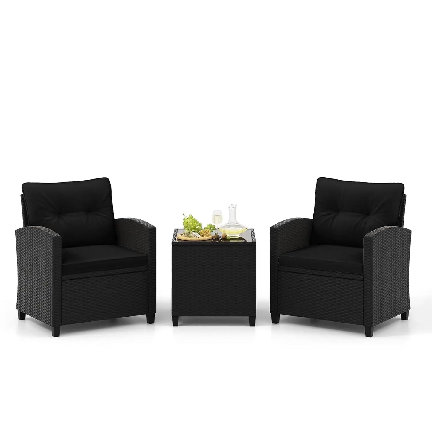 3 Pieces Patio Furniture Set, PE Rattan Wicker Outdoor Sofa Set w/Washable Cushion and Tempered Glass.