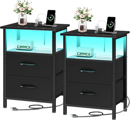 2-Piece Nightstand Set with LED Lights & Charging Station, 2 Fabric Drawers & Storage Shelves.
