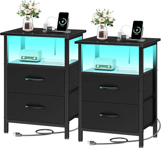 2-Piece Nightstand Set with LED Lights & Charging Station, 2 Fabric Drawers & Storage Shelves.