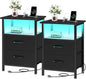 2-Piece Nightstand Set with LED Lights & Charging Station, 2 Fabric Drawers & Storage Shelves.