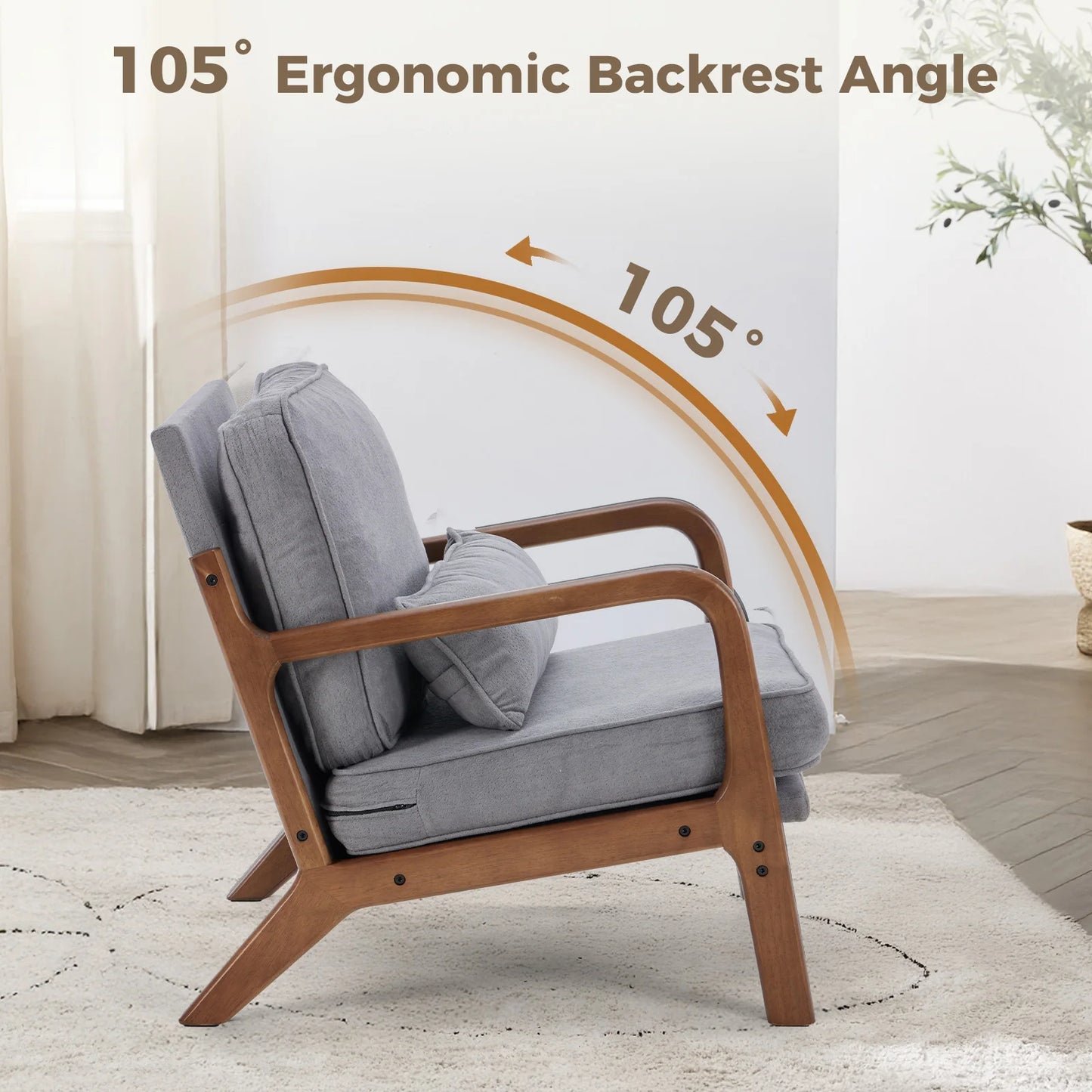 JHK Mid Century Modern Chair Solid Wooden Frame Accent Chair with Arms, Waist Cushion Chair