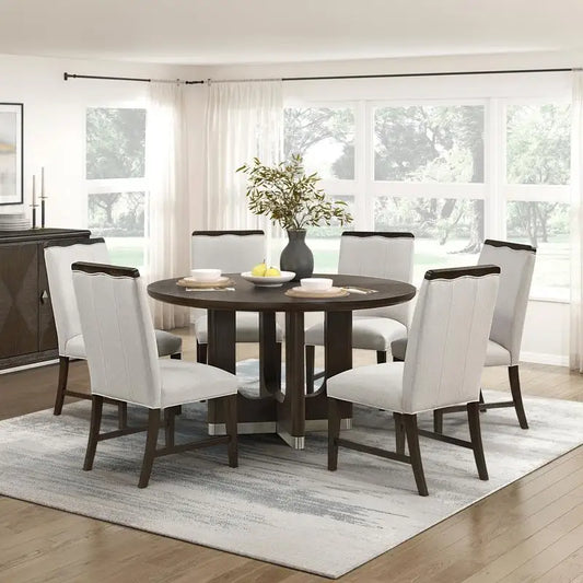 Modern Brown Finish 7-Piece Dining Set with Round Table and 6 Beige Upholstered Side Chairs.