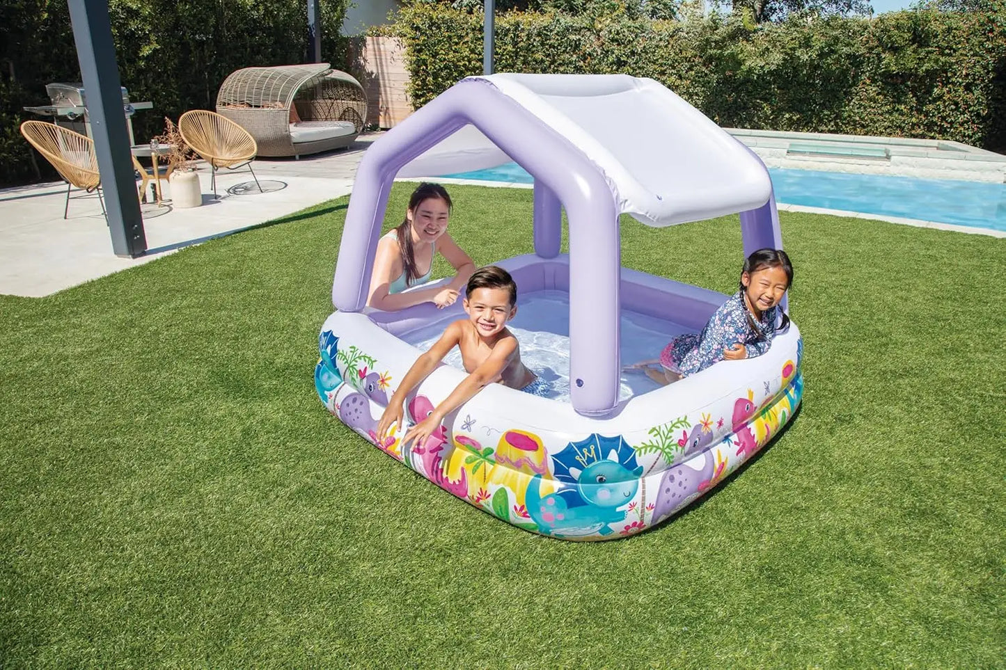 5-Foot Square Inflatable Durable Vinyl Kiddie Pool with Ocean Scene and Canopy for Ages 3+
