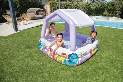 5-Foot Square Inflatable Durable Vinyl Kiddie Pool with Ocean Scene and Canopy for Ages 3+