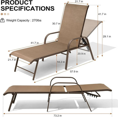 Outdoor Chaise Lounge Chair Set of 2, Adjustable 5 Positions, Aluminum Frame.