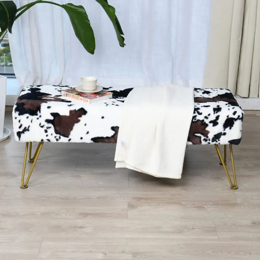 Long Rectangle Faux Fur Ottoman Entryway Bench Soft Furry Footrest Accent Seating for Bedroom.