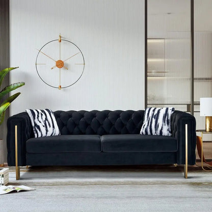 84-Inch High-Arm Upholstered Sofa with 2 Pillows and Metal Legs for Living Spaces in Black