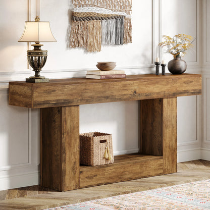 Tribe signs 63" Console Table, Farmhouse 2-Tier Entryway Table with U-Shaped Base, Narrow.