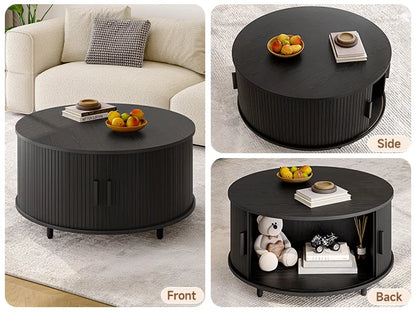 Round Coffee Table with Storage,31.5" 360° Curved Sliding Door, Fluted Wood Accent Coffee Table