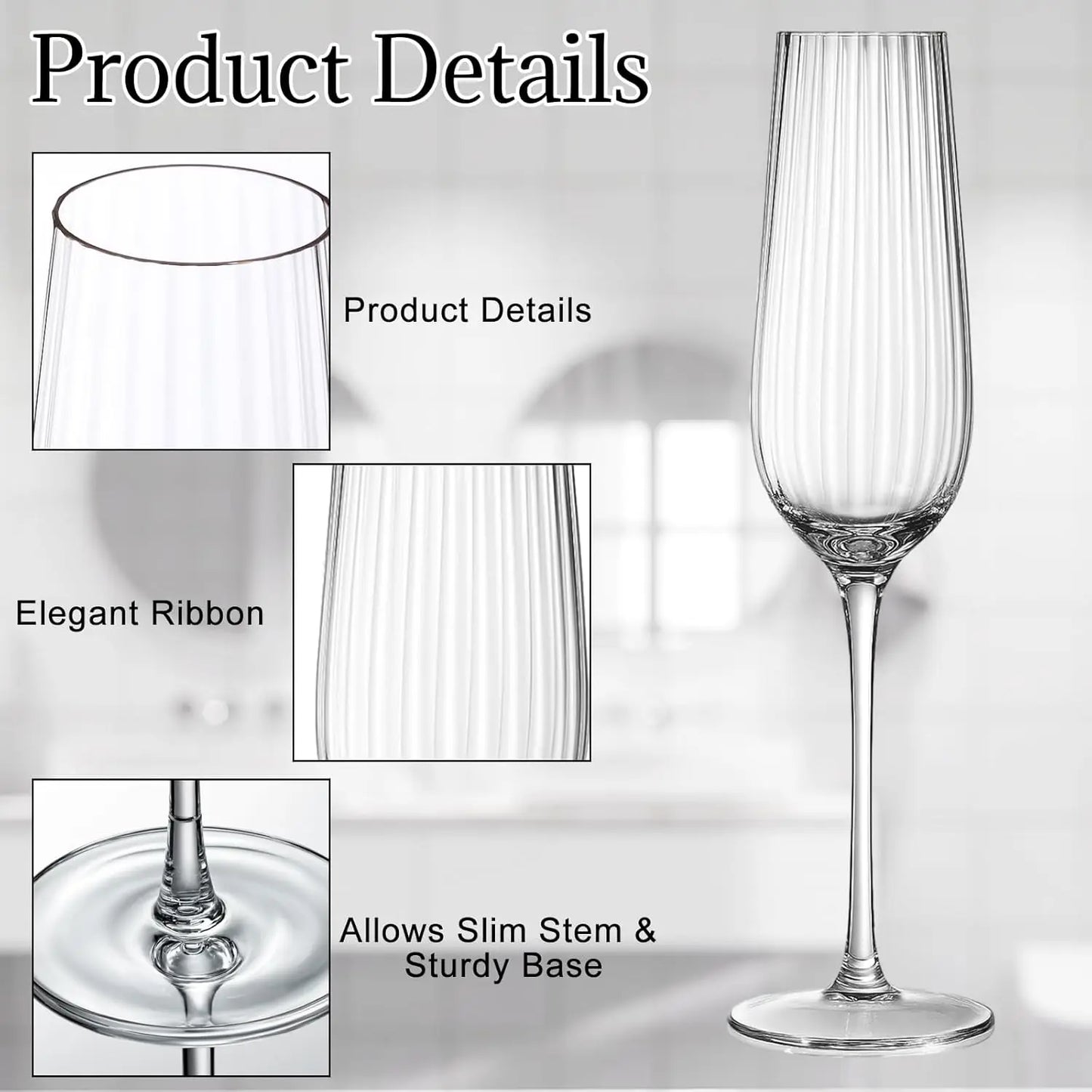 6-Pack Ribbed Wine Glasses, Vintage Stemmed Champagne & Cocktail Glasses.