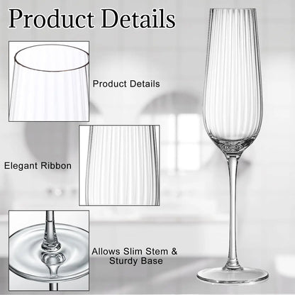 6-Pack Ribbed Wine Glasses, Vintage Stemmed Champagne & Cocktail Glasses.
