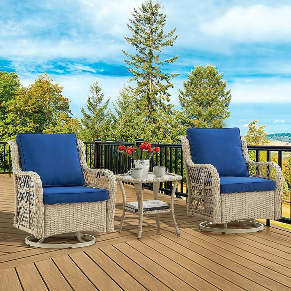 3-Piece Wicker Swivel Rocking Patio Set, 2 Chairs & Glass Table, Outdoor Furniture for Porch & Backyard.