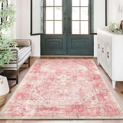 3x5 Feet Washable Bohemian Pink Area Rug for Girls' Bedroom, Cute Non-Slip Carpet.