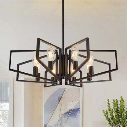 8-Light Geometric Chandelier Adjustable Height Metal Pendant Light with Black Frame & Golden Accents.