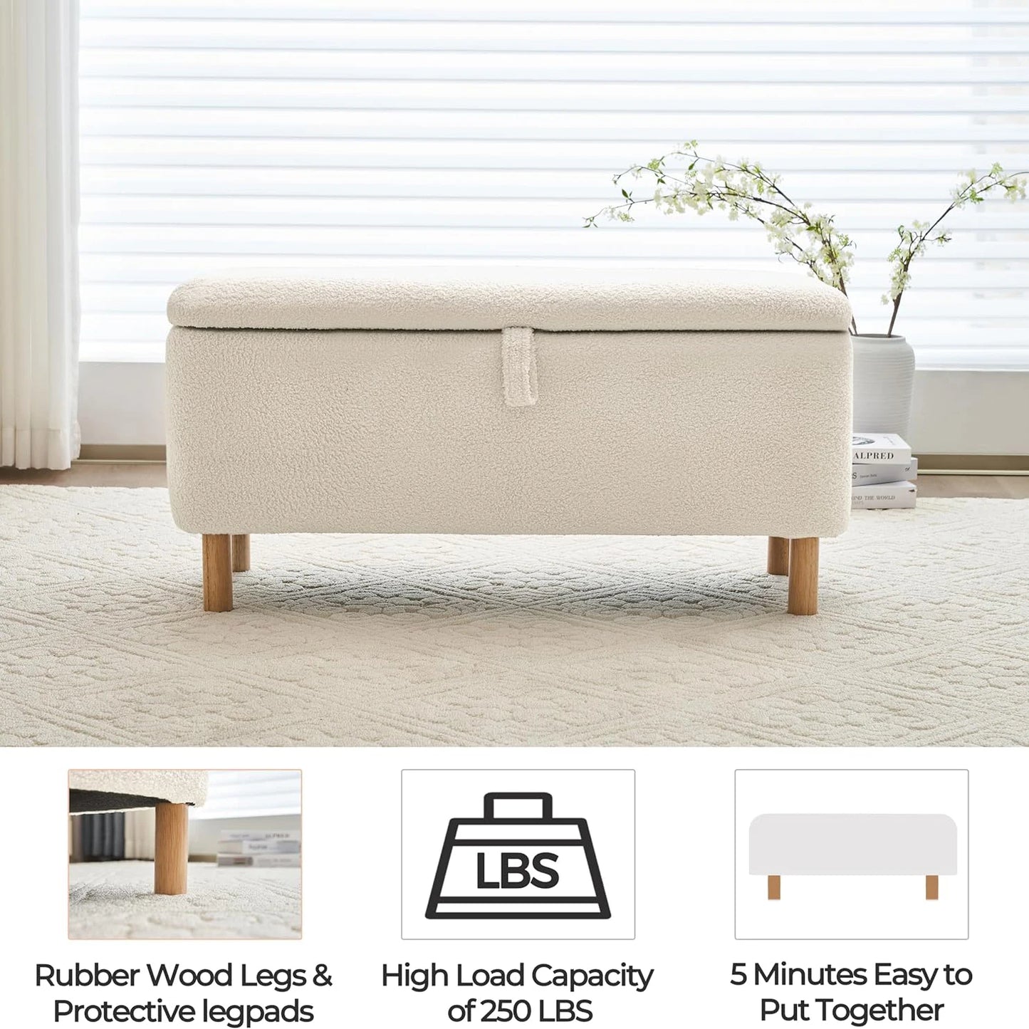 Storage Ottoman Bench for Bedroom end of Bed, Sherpa Upholstered Shoe Seat Storage.