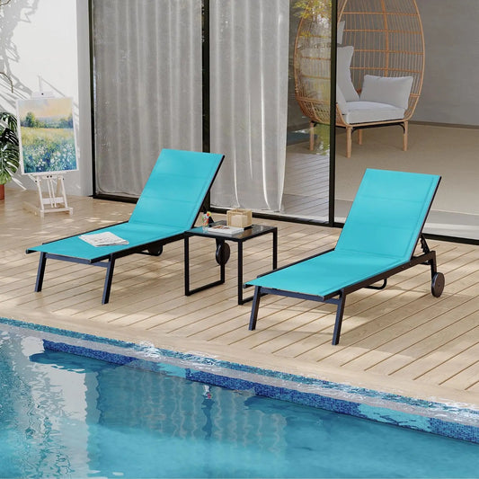 3 Pieces Patio Chaise Chairs Set, Pool Loungers with Side Table, with Wheels, Adjustable Position