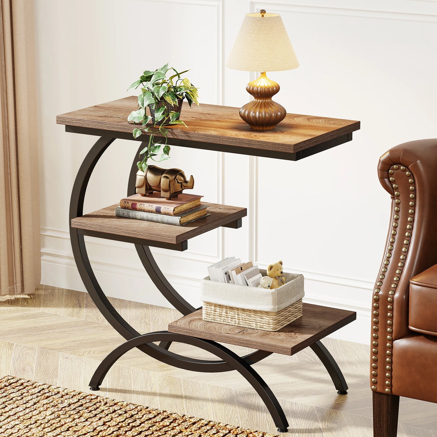 Tribesigns C-Shaped End Table, Industrial 3-Tier Small Table, Wood Bedside Table, with Storage Shelves.