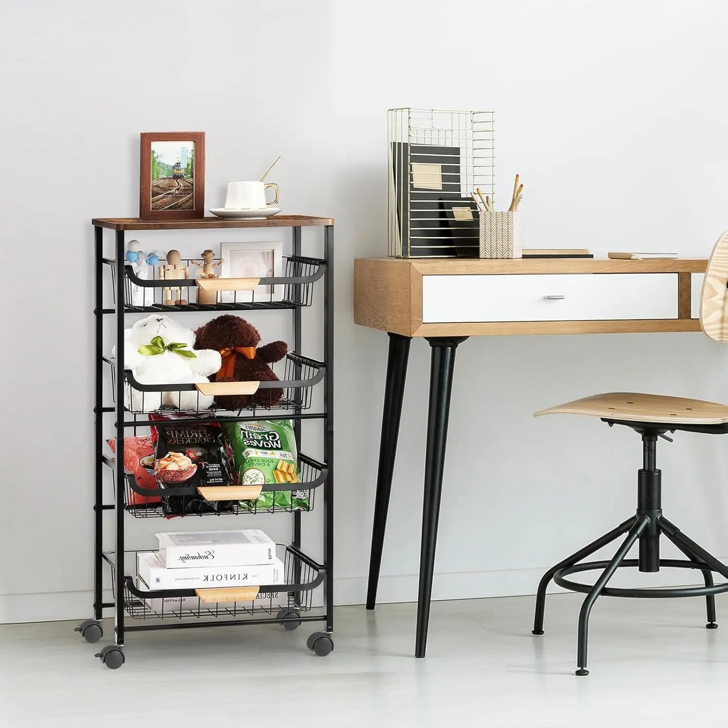 5-Tier Rolling Kitchen Cart with Wooden Top, Metal Mesh Baskets for Storage & Wheels.