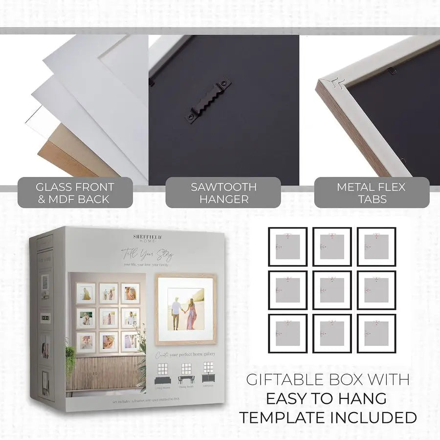 9 Piece Gallery Wall Frame Set, 12x12 in. Matted to 8x8 in. Light Natural