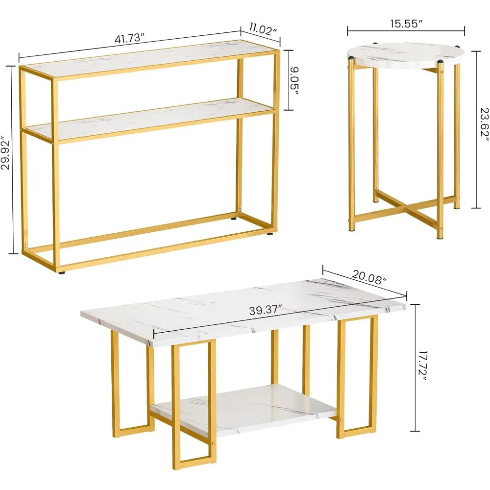 Faux Marble White Coffee Table Set with 3-Tier End Table and Console Tables, for Living Room