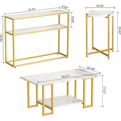 Faux Marble White Coffee Table Set with 3-Tier End Table and Console Tables, for Living Room