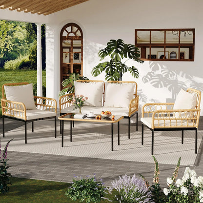 4-Piece Rattan Patio Set with Loveseat, 2 Chairs & Glass Table, Outdoor Furniture For Backyard- Porch.