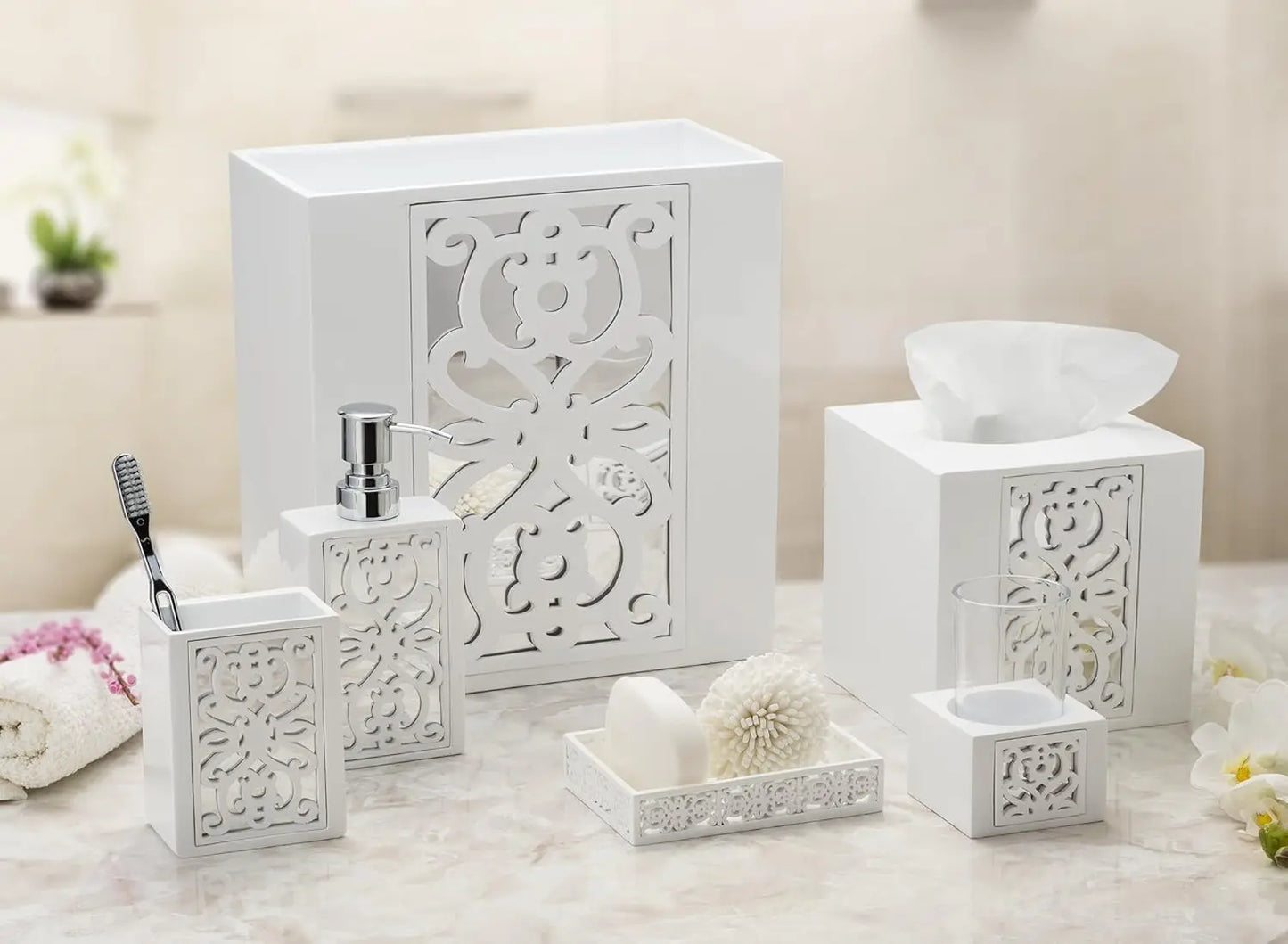 6-Piece Bathroom Accessories Set with Soap Dispenser, Toothbrush Holder, Cup, Dish, Tissue Cover, and Wastebasket