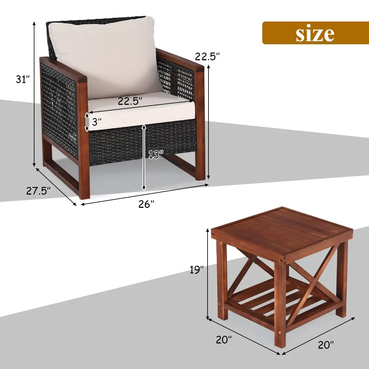 3 Pieces Patio Wicker Furniture Set, Rattan Outdoor Sofa Set w/Washable Cushion & Acacia Wood Coffee Table.